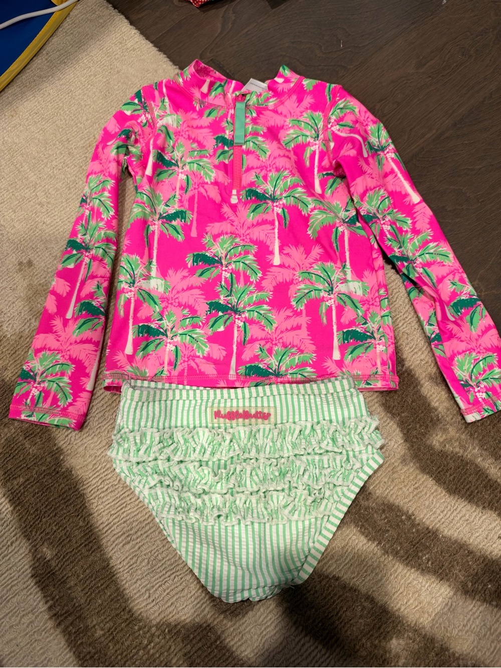 Rufflebutts Kids Rash Guard Set - Neon Pink Palm Top with Mint Ruffle Bottom